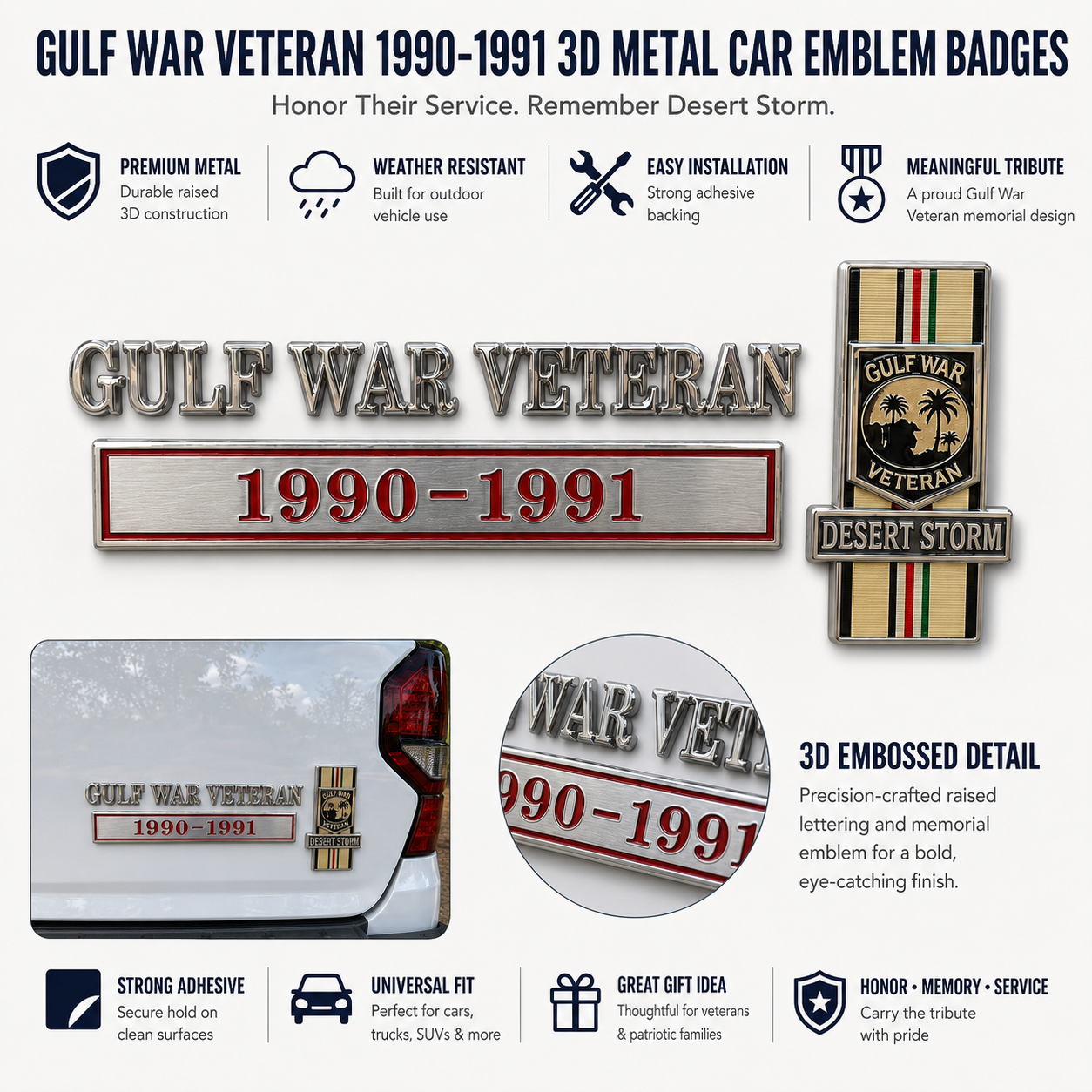🇺🇸 Gulf War Veteran 1990–1991 Desert Storm 3D Raised Metal Car Emblem — Stand Proud