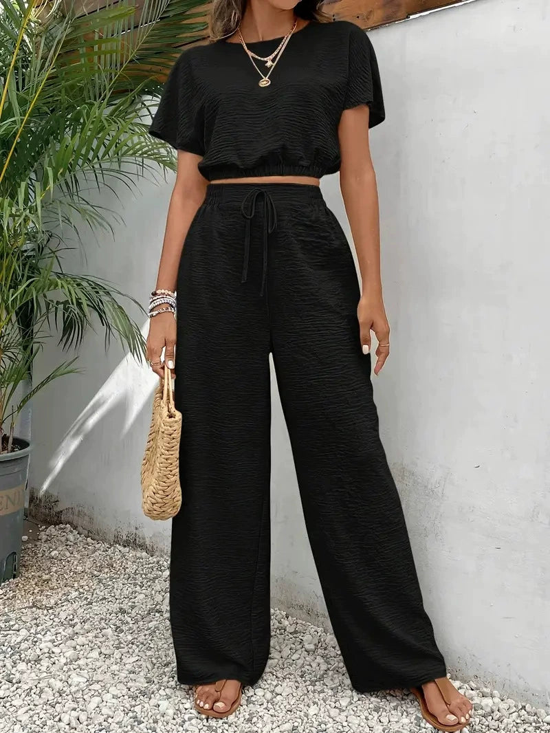 Women's Solid Color Top & Wide Leg Pants Two-piece Set, Casual Round Neck Top & Drawstring Waist Trousers for Summer, Ladies Clothes for Daily Wear, Womenswear