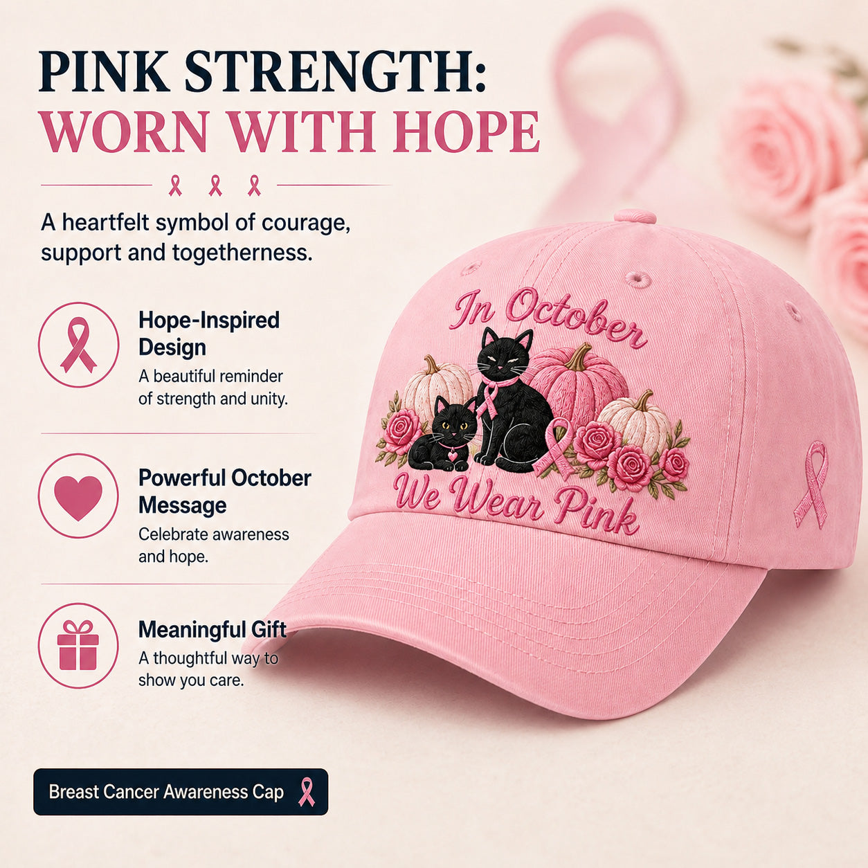 Women's 3D Embroidered Pink Ribbon Cat Hat – Breast Cancer Awareness Month Support, Strength & Hope Cap