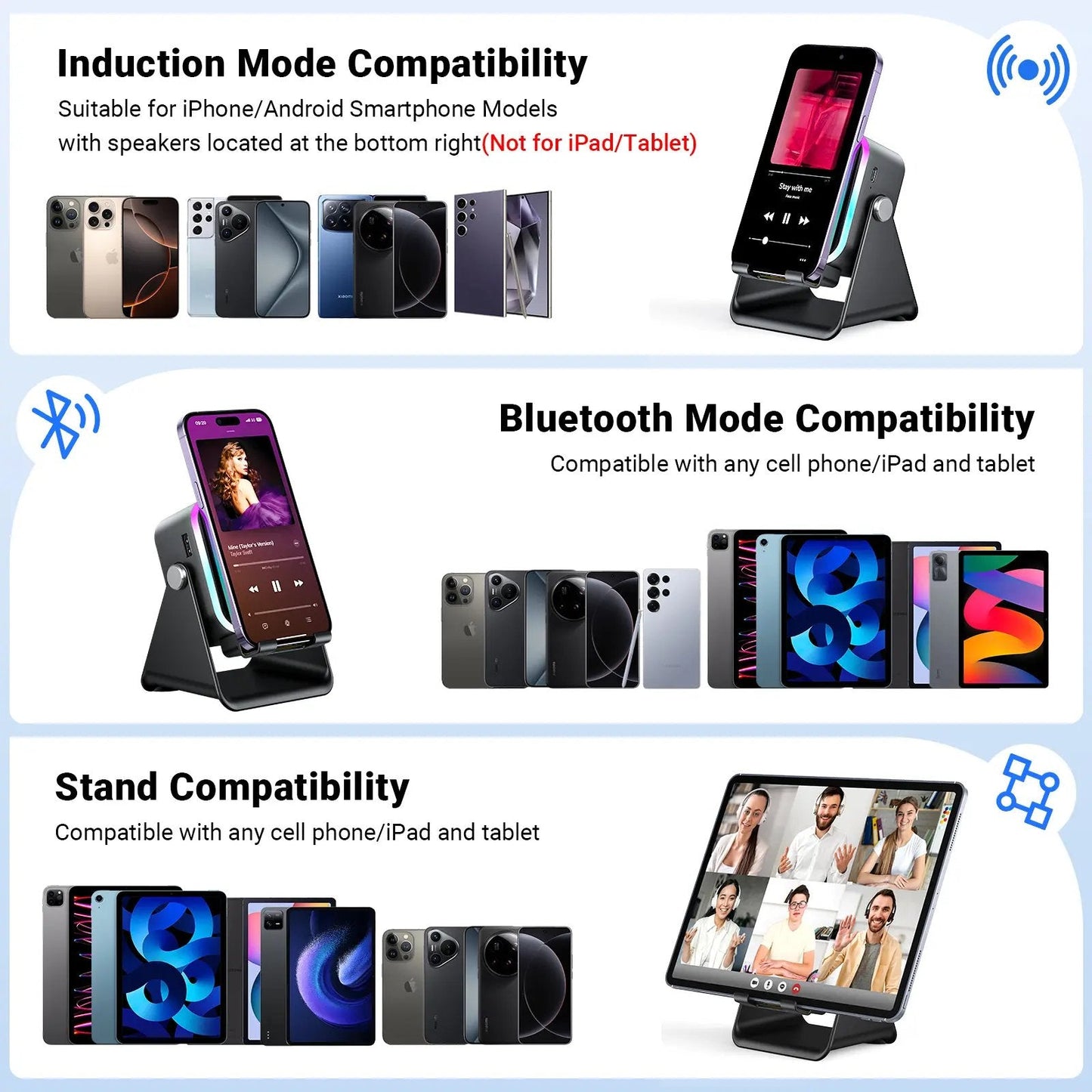 Wireless Induction Audio Speaker Stand, 5-in-1 Phone Stand, 3500mAh Rechargeable Emergency Power , 360° Adjustable Phone