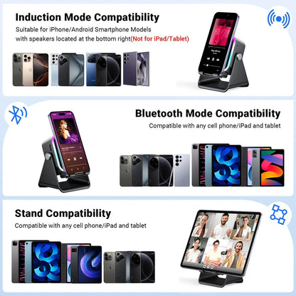 Wireless Induction Audio Speaker Stand, 5-in-1 Phone Stand, 3500mAh Rechargeable Emergency Power , 360° Adjustable Phone