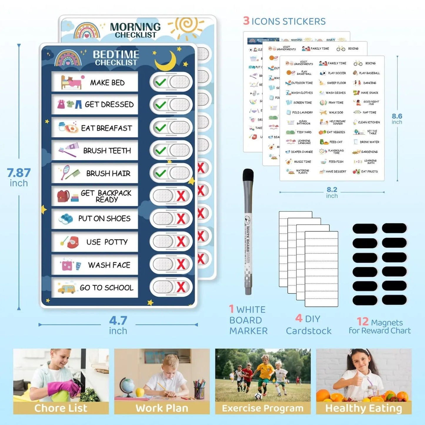🧒👧2-in-1 Kids Magnetic Routine Chart Set (22 Pieces) | Bedtime & Morning Visual Schedule for Toddlers