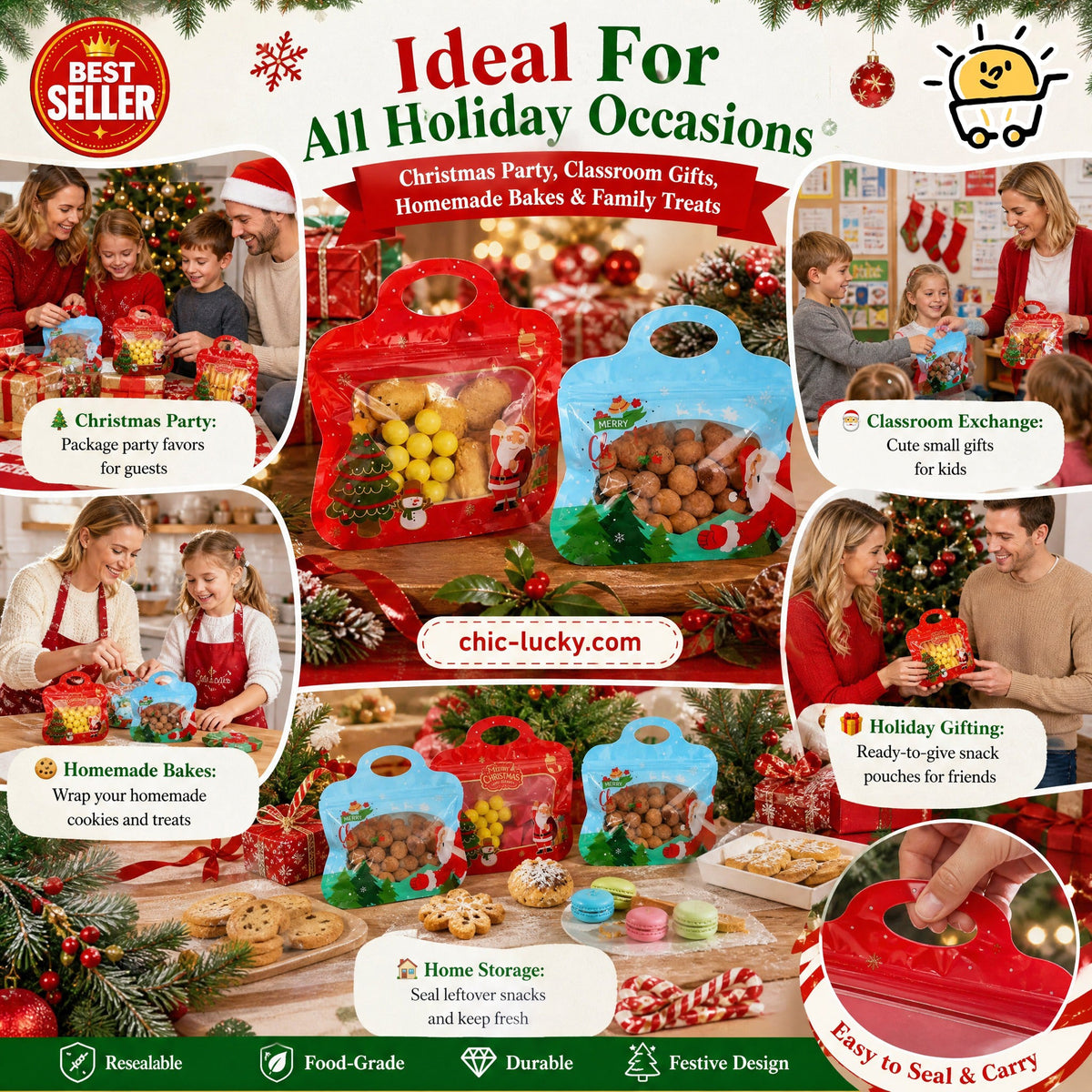 💖LAST DAY SALE 50% OFF!!🎁Easy Fill, Easy Seal🎄 Festive Self-Seal Treat Bags – Santa & Snowman Print | Resealable, Food-Safe & Perfect for Cookies, Chocolates & Little Gifts 🎅⛄