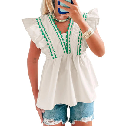 🔥2026 Hot Sale🌟Women's V-Neck Babydoll Blouse, Elegant Ruffle Short Sleeve Top with Scalloped Trim, Loose-Fitting Dressy Casual for Summer, Lady, Shirts