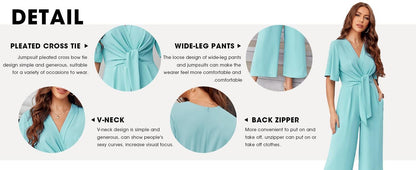 ⏰Hot Sale-Womens Short Sleeve Tie Knot Front Wide Leg Jumpsuits