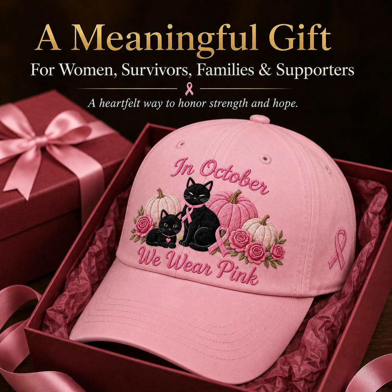 Women's 3D Embroidered Pink Ribbon Cat Hat – Breast Cancer Awareness Month Support, Strength & Hope Cap