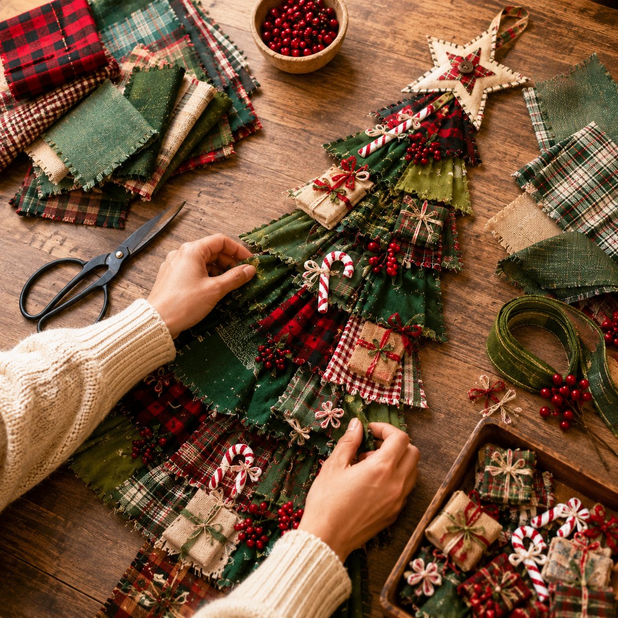 Hands adding decorations to the patchwork Christmas tree