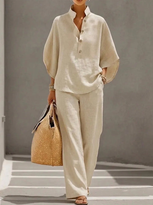 🔥 Free Shipping🔥Women's Batwing Sleeve Linen Cotton Two-Piece Set – Casual Shirt & Wide Leg Pants Outfit