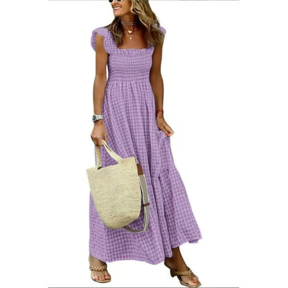 Women's Retro Plaid Smocked Dress, Spaghetti Strap Flowy Long Dress with Pockets