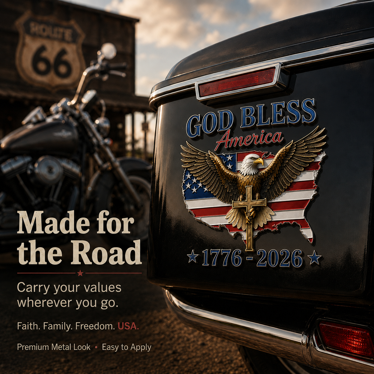 🇺🇸 God Bless America 1776–2026 Metal Car Emblem