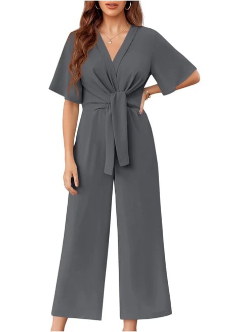 ⏰Hot Sale-Womens Short Sleeve Tie Knot Front Wide Leg Jumpsuits