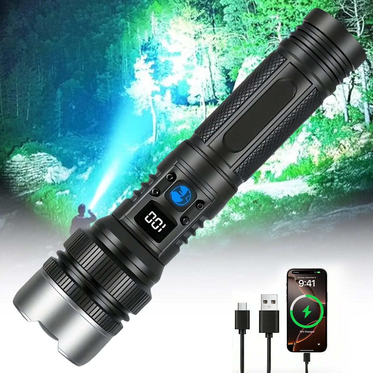🔦 2-in-1 Flashlight + Power Bank💪 | Rechargeable Outdoor Emergency Camping Essential ⚡ | Black