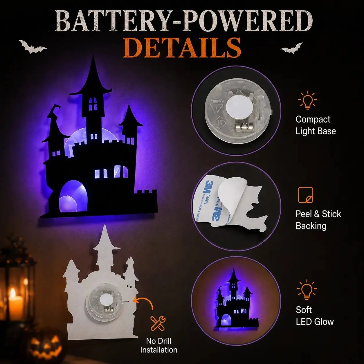 🔥50% OFF - 🎃8 Pack Halloween LED Silhouette Wall Light Stickers, Battery Powered Peel & Stick Decor Lights