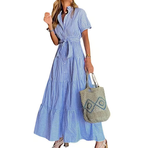women's summer striped dress with tie waist ruffles long casual Shortsleeve Womenswear shirt dress SpringStatements