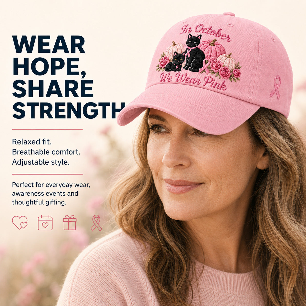 Women's 3D Embroidered Pink Ribbon Cat Hat – Breast Cancer Awareness Month Support, Strength & Hope Cap