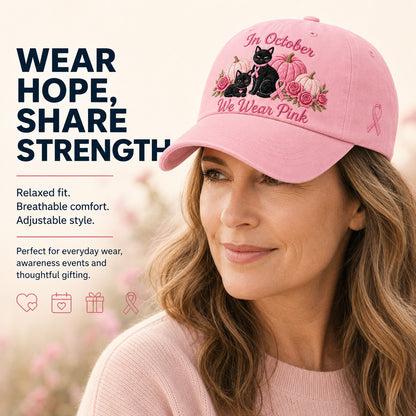 Women's 3D Embroidered Pink Ribbon Cat Hat – Breast Cancer Awareness Month Support, Strength & Hope Cap