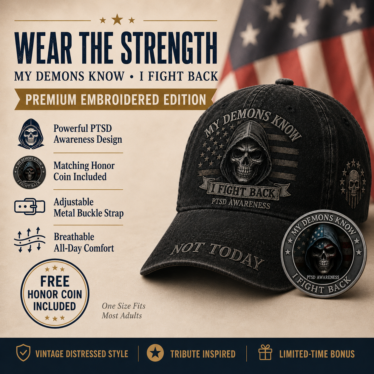 My Demons Know PTSD Awareness Cap 🎁 Free Honor Coin With Every Cap Purchase