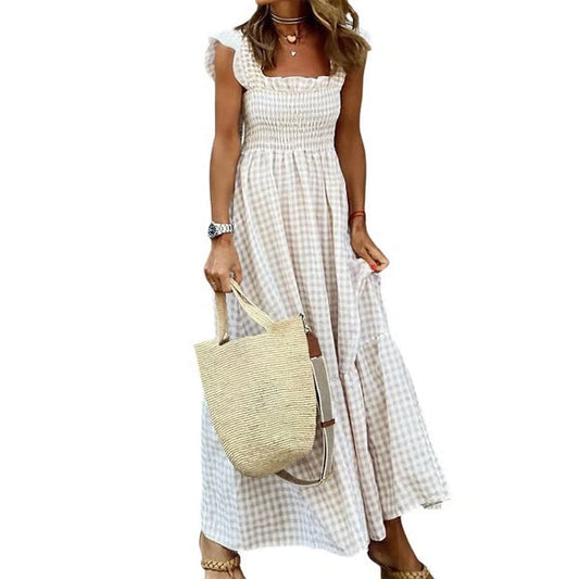 Women's Retro Plaid Smocked Dress, Spaghetti Strap Flowy Long Dress with Pockets