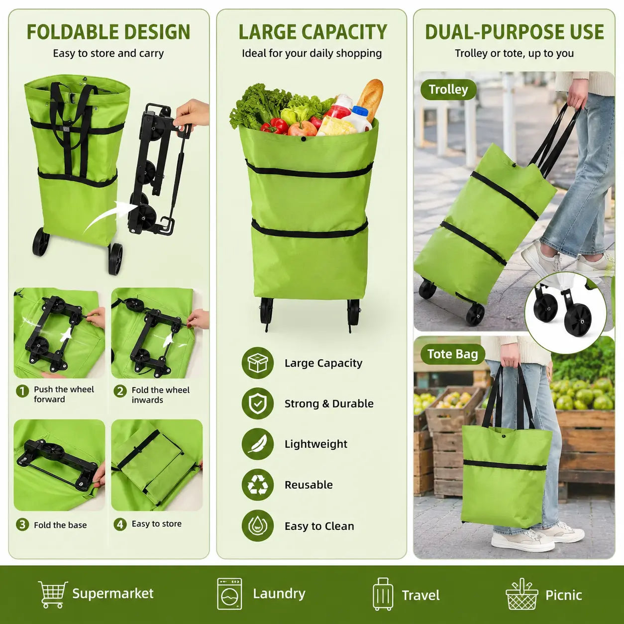 【10inch*18inch】Foldable Shopping Trolley Bag with Wheels, Portable Reusable Grocery Tote, Lightweight Rolling Shopping Cart Bag with Carry Handles for Supermarket, Travel, Laundry and Daily Use