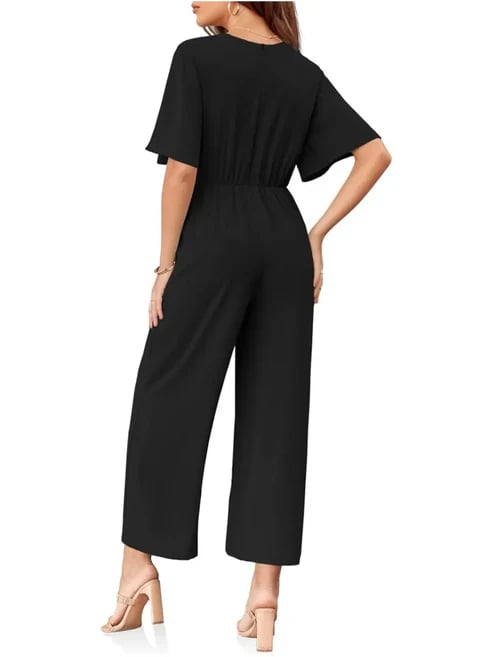 ⏰Hot Sale-Womens Short Sleeve Tie Knot Front Wide Leg Jumpsuits