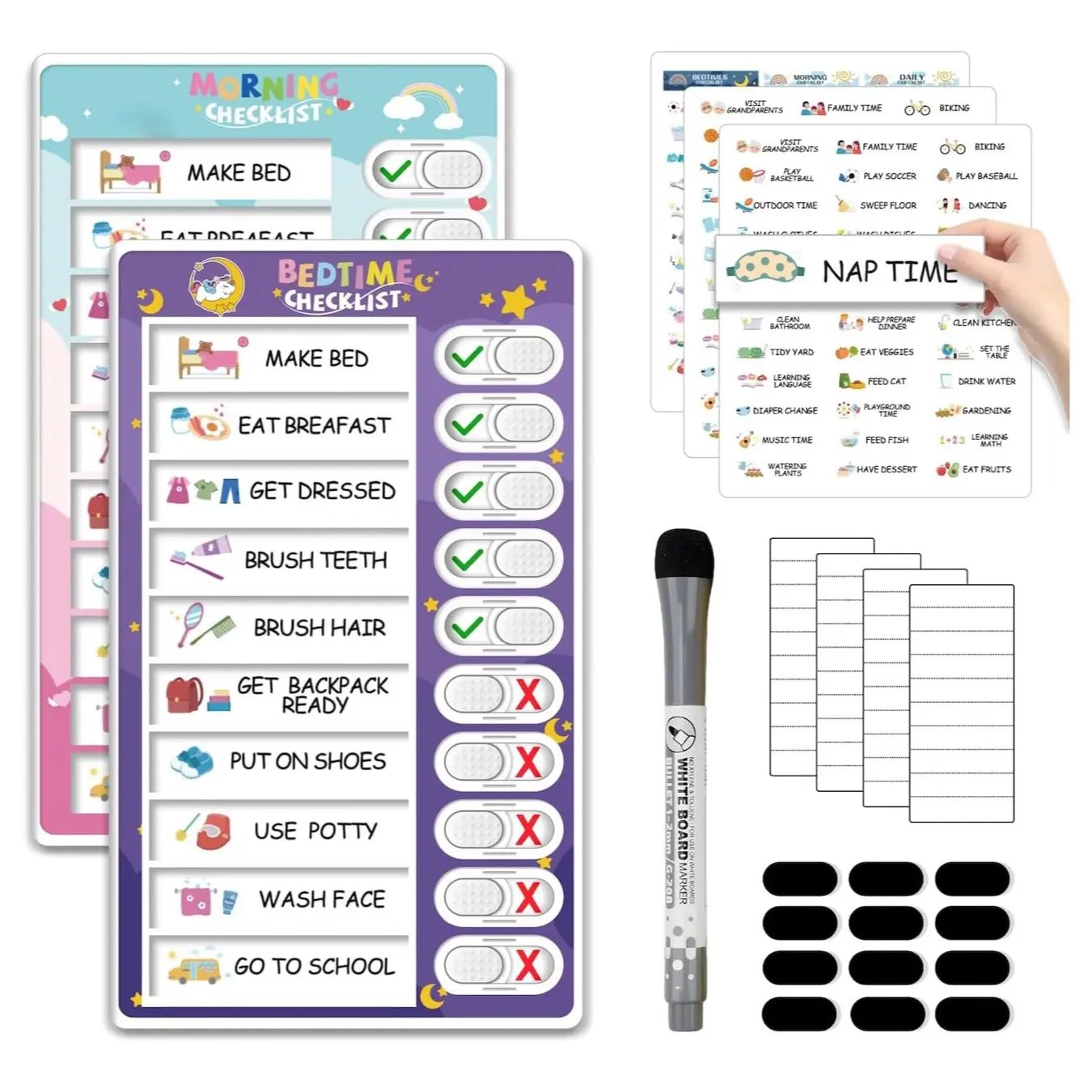 🧒👧2-in-1 Kids Magnetic Routine Chart Set (22 Pieces) | Bedtime & Morning Visual Schedule for Toddlers