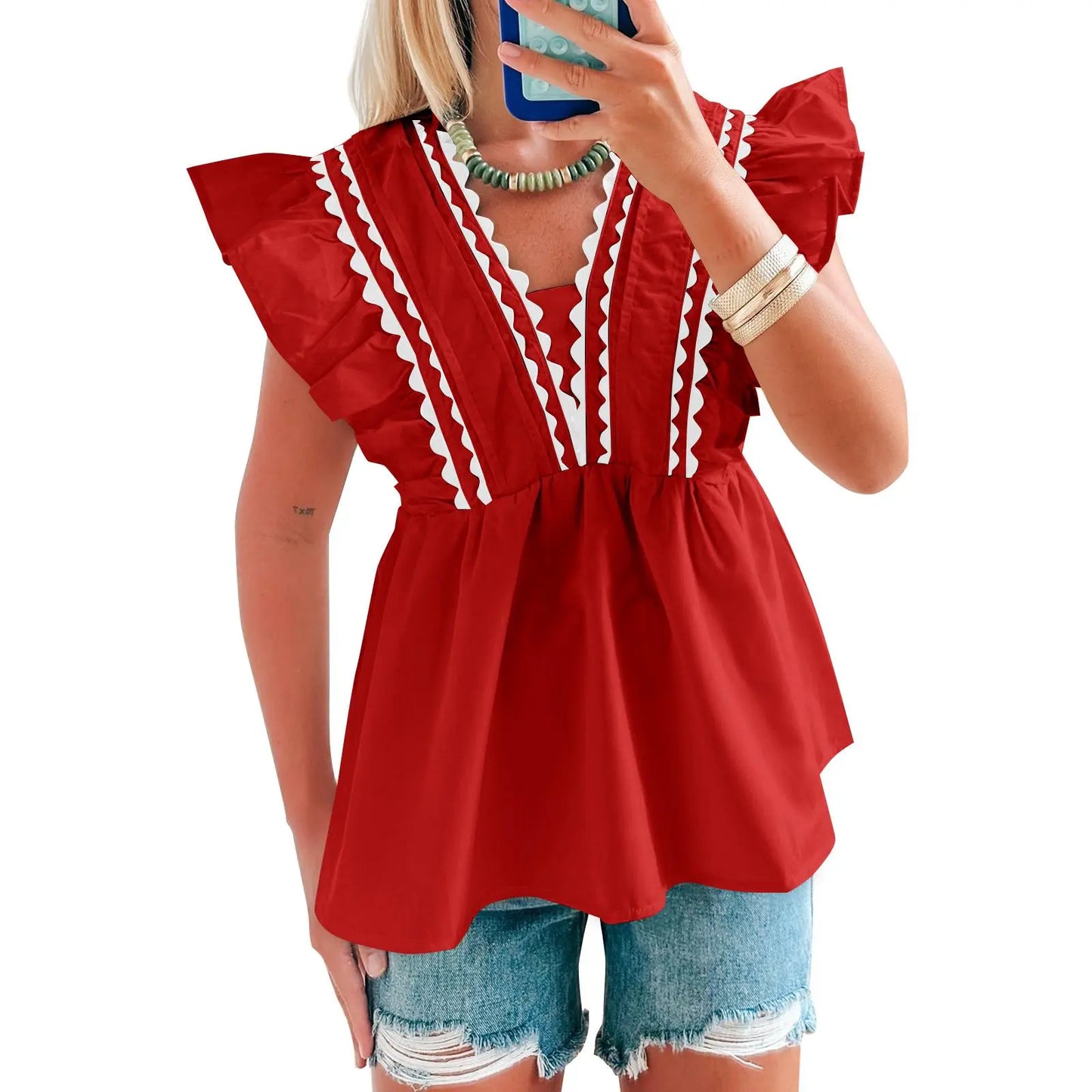 🔥2026 Hot Sale🌟Women's V-Neck Babydoll Blouse, Elegant Ruffle Short Sleeve Top with Scalloped Trim, Loose-Fitting Dressy Casual for Summer, Lady, Shirts