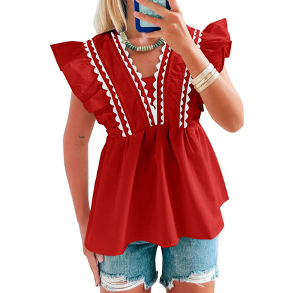 🔥2026 Hot Sale🌟Women's V-Neck Babydoll Blouse, Elegant Ruffle Short Sleeve Top with Scalloped Trim, Loose-Fitting Dressy Casual for Summer, Lady, Shirts