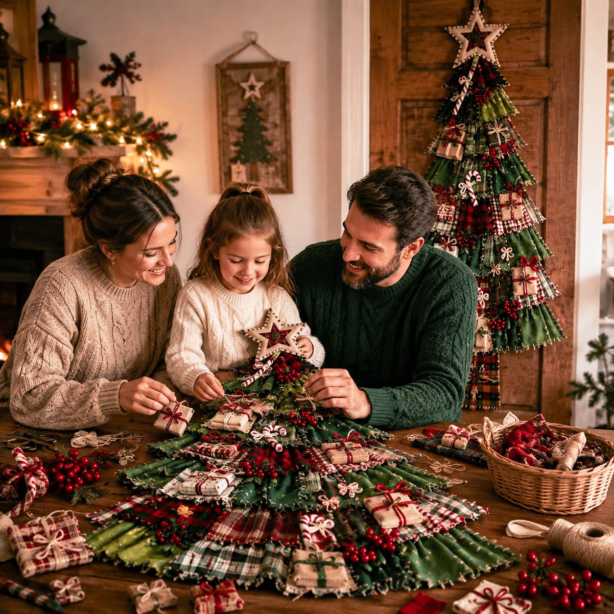 Family enjoying the oversized patchwork tree craft together