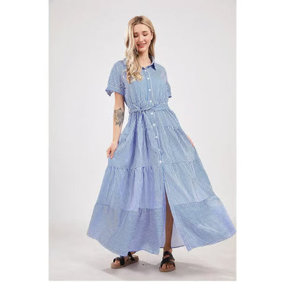 women's summer striped dress with tie waist ruffles long casual Shortsleeve Womenswear shirt dress SpringStatements