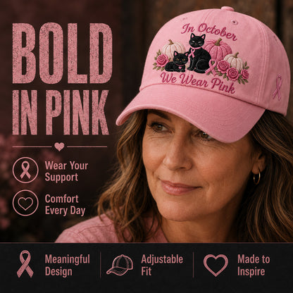 Women's 3D Embroidered Pink Ribbon Cat Hat – Breast Cancer Awareness Month Support, Strength & Hope Cap