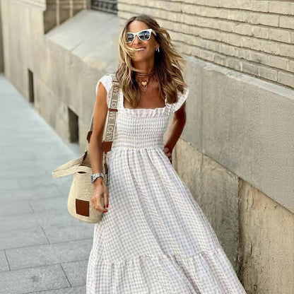 Women's Retro Plaid Smocked Dress, Spaghetti Strap Flowy Long Dress with Pockets