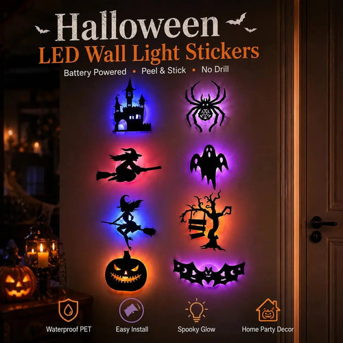 🔥50% OFF - 🎃8 Pack Halloween LED Silhouette Wall Light Stickers, Battery Powered Peel & Stick Decor Lights
