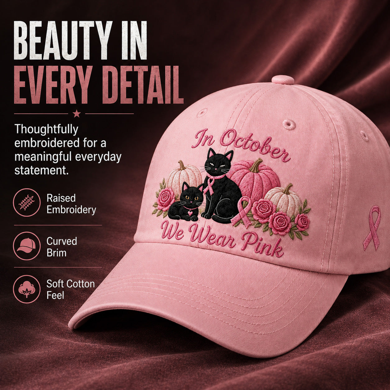 Women's 3D Embroidered Pink Ribbon Cat Hat – Breast Cancer Awareness Month Support, Strength & Hope Cap