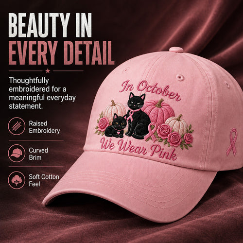 Women's 3D Embroidered Pink Ribbon Cat Hat – Breast Cancer Awareness Month Support, Strength & Hope Cap