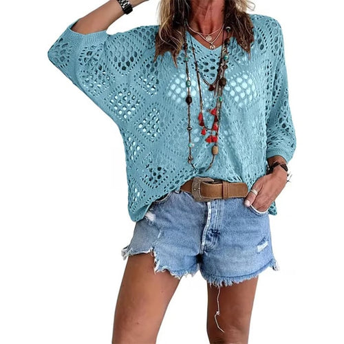 ⏰Hot Sale-Womens Bohemian-Inspired Beige Crochet Top with V-Neck
