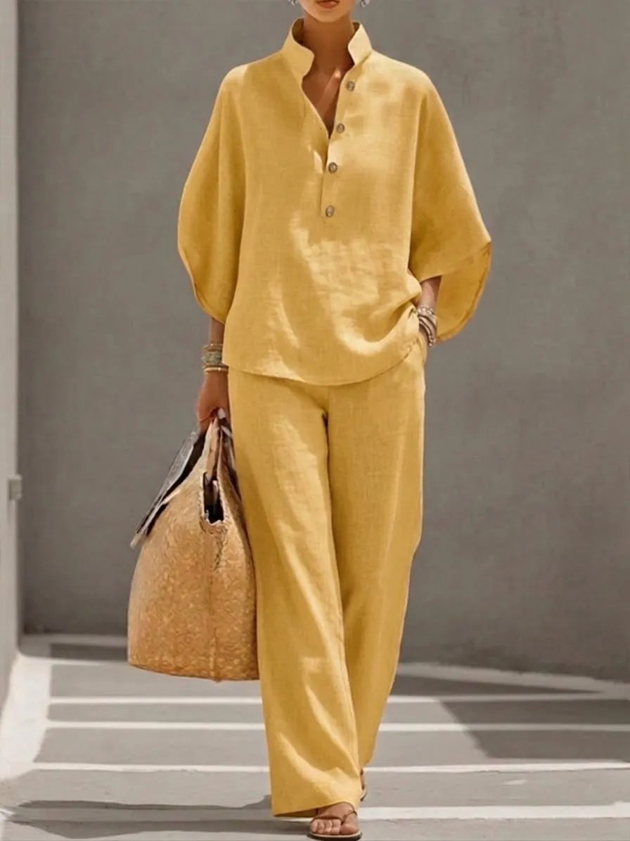🔥 Free Shipping🔥Women's Batwing Sleeve Linen Cotton Two-Piece Set – Casual Shirt & Wide Leg Pants Outfit