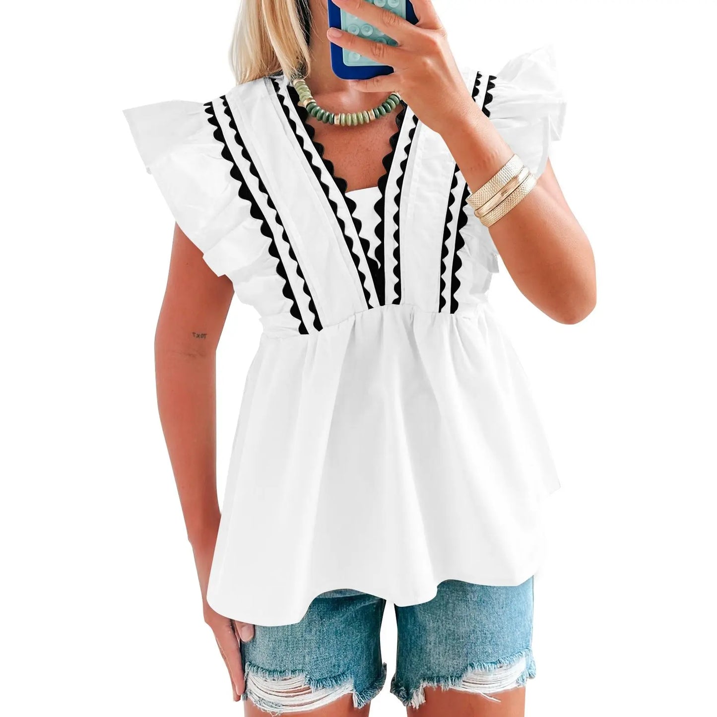 🔥2026 Hot Sale🌟Women's V-Neck Babydoll Blouse, Elegant Ruffle Short Sleeve Top with Scalloped Trim, Loose-Fitting Dressy Casual for Summer, Lady, Shirts