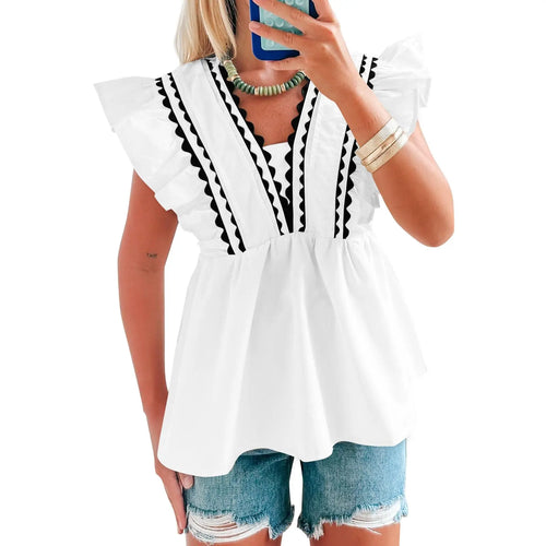 🔥2026 Hot Sale🌟Women's V-Neck Babydoll Blouse, Elegant Ruffle Short Sleeve Top with Scalloped Trim, Loose-Fitting Dressy Casual for Summer, Lady, Shirts