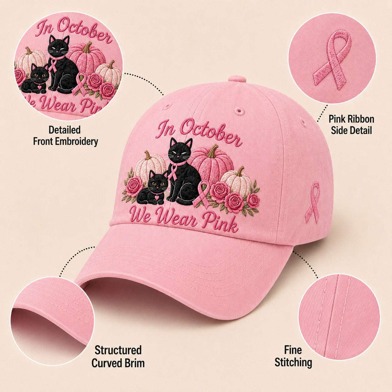 Women's 3D Embroidered Pink Ribbon Cat Hat – Breast Cancer Awareness Month Support, Strength & Hope Cap