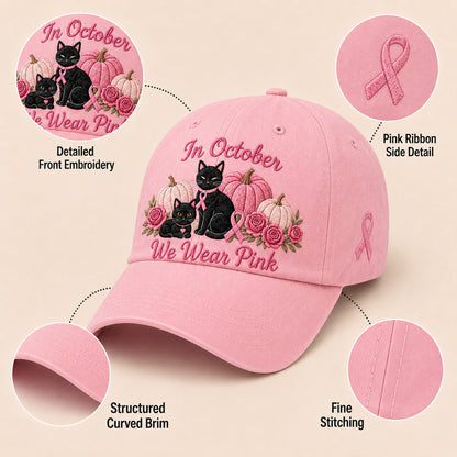 Women's 3D Embroidered Pink Ribbon Cat Hat – Breast Cancer Awareness Month Support, Strength & Hope Cap