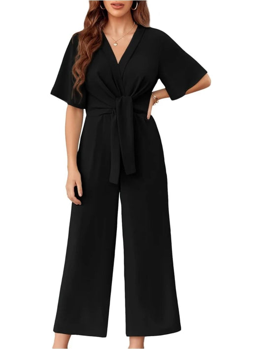 ⏰Hot Sale-Womens Short Sleeve Tie Knot Front Wide Leg Jumpsuits
