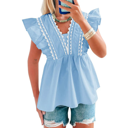 🔥2026 Hot Sale🌟Women's V-Neck Babydoll Blouse, Elegant Ruffle Short Sleeve Top with Scalloped Trim, Loose-Fitting Dressy Casual for Summer, Lady, Shirts