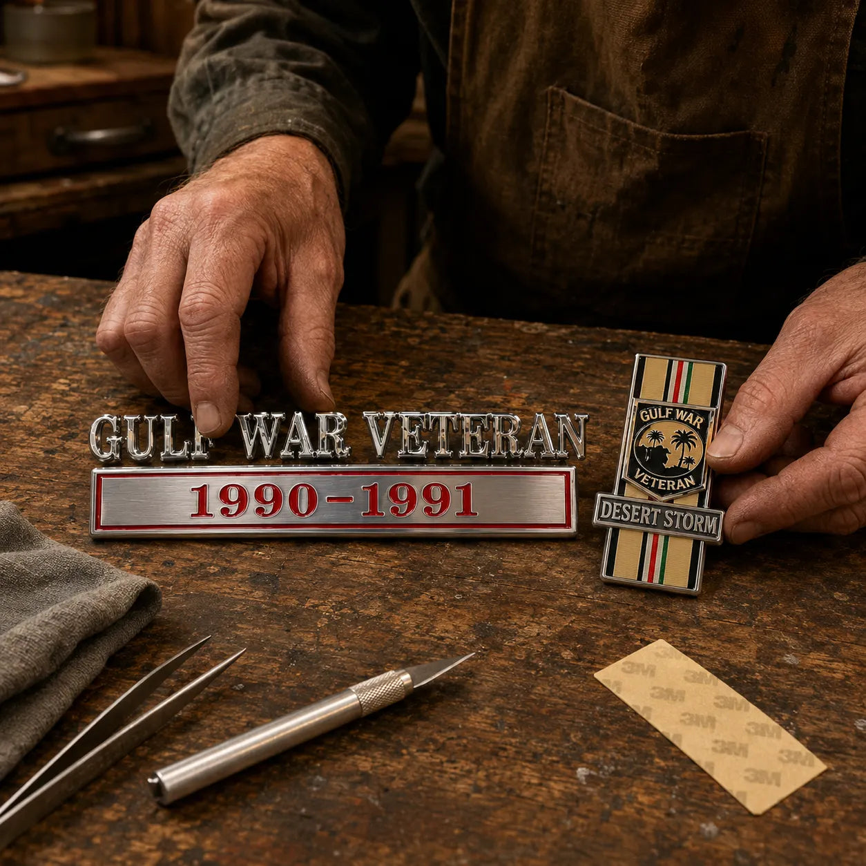 🇺🇸 Gulf War Veteran 1990–1991 Desert Storm 3D Raised Metal Car Emblem — Stand Proud