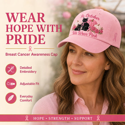 Women's 3D Embroidered Pink Ribbon Cat Hat – Breast Cancer Awareness Month Support, Strength & Hope Cap