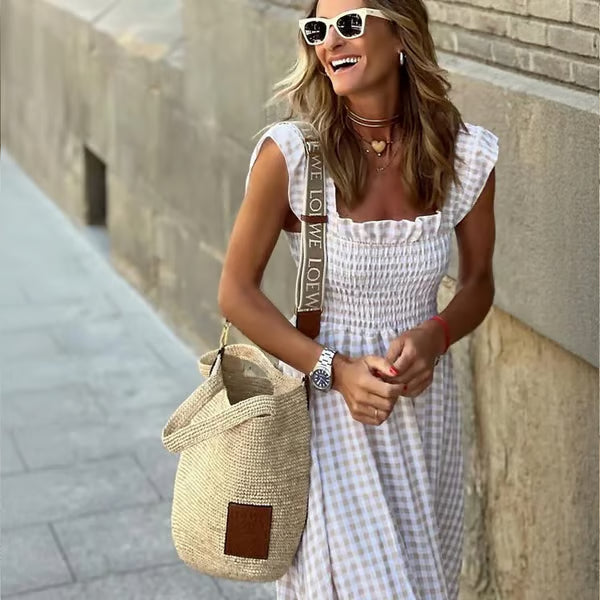 Women's Retro Plaid Smocked Dress, Spaghetti Strap Flowy Long Dress with Pockets