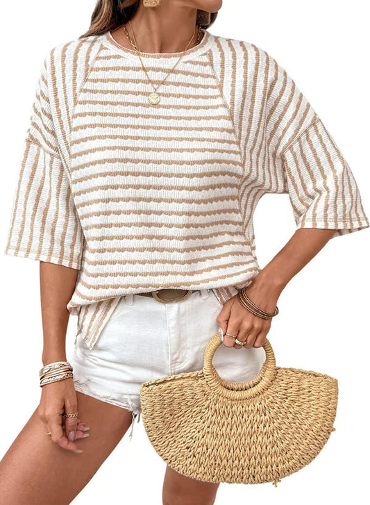 🔥Womens Summer Tops Oversized Tshirts for Women Striped Color Block Short Sleeve T Shirts Crewneck Casual Tee Blouses