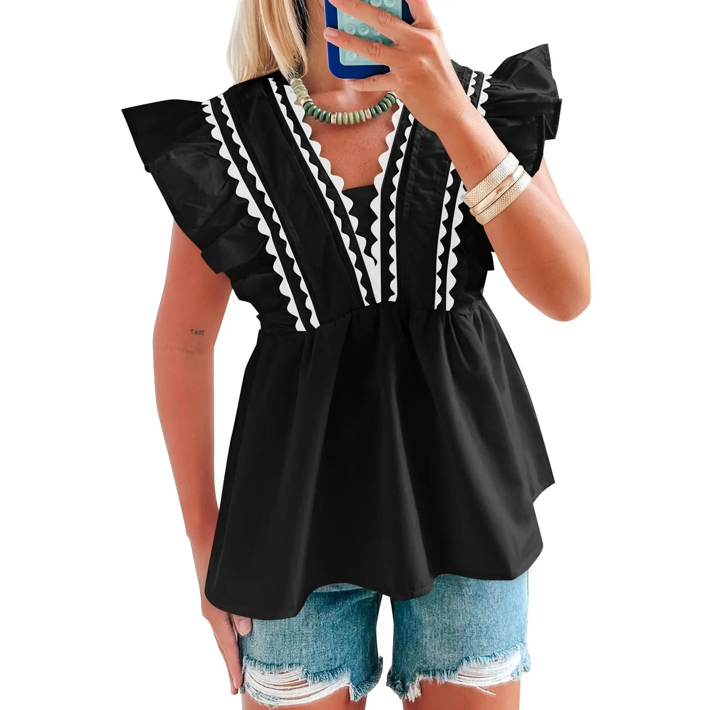 🔥2026 Hot Sale🌟Women's V-Neck Babydoll Blouse, Elegant Ruffle Short Sleeve Top with Scalloped Trim, Loose-Fitting Dressy Casual for Summer, Lady, Shirts