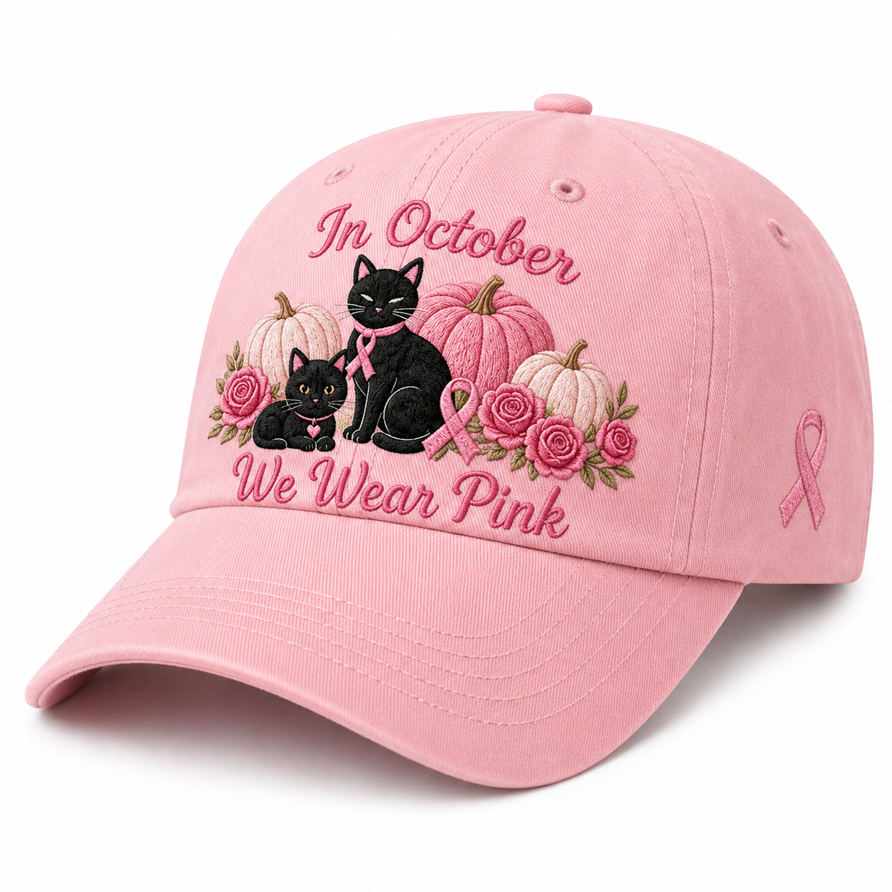 Women's 3D Embroidered Pink Ribbon Cat Hat – Breast Cancer Awareness Month Support, Strength & Hope Cap