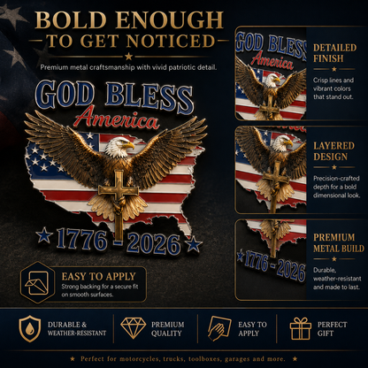 🇺🇸 God Bless America 1776–2026 Metal Car Emblem