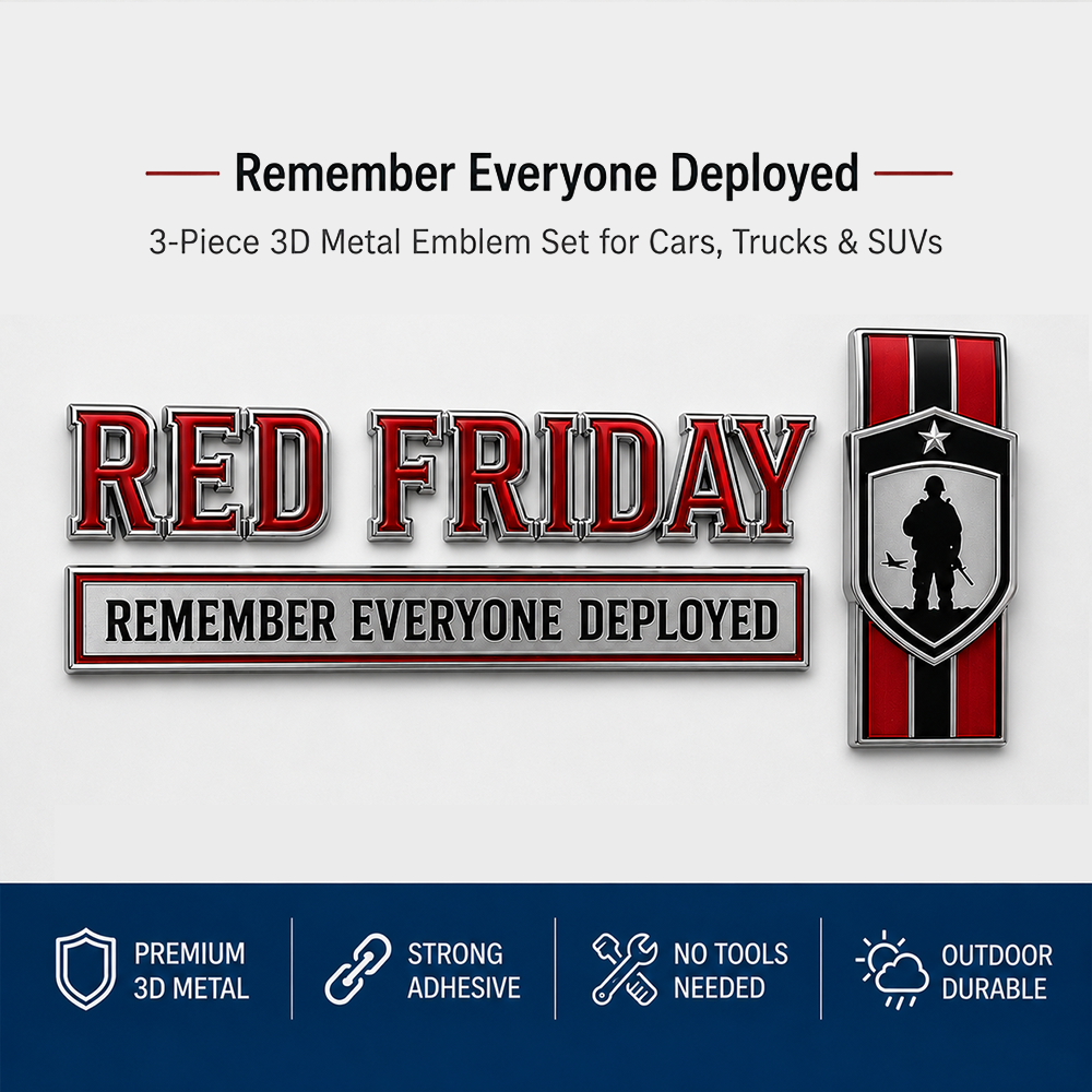 RED Friday 3-Piece 3D Metal Car Emblem Set – Remember Everyone Deployed Military Tribute Badges